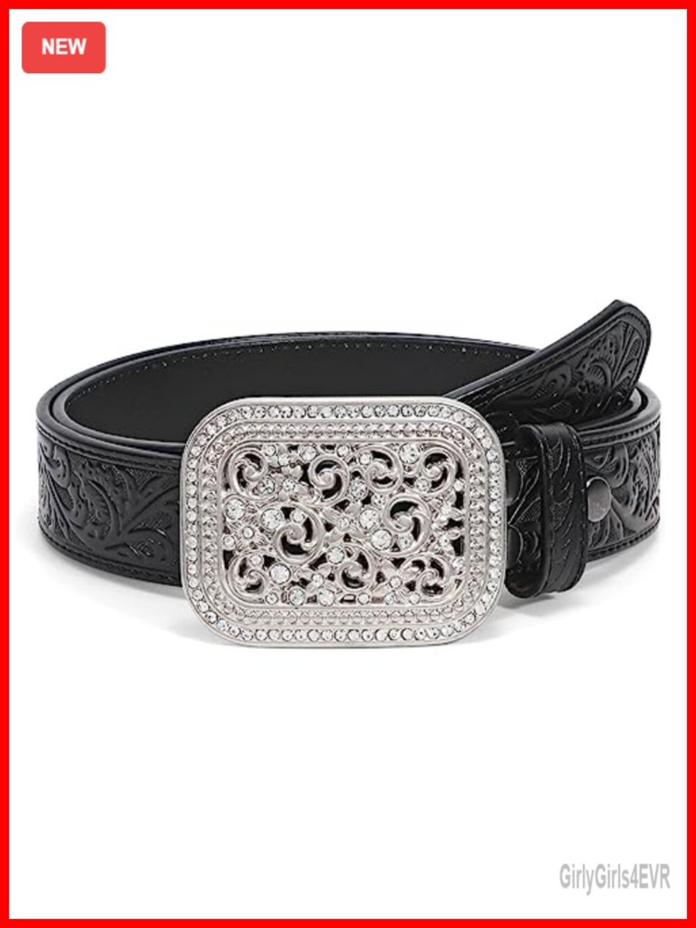 Genuine Leather Western Belt with Silver Diamond Buckle, Unisex Cowgirl Cowboy